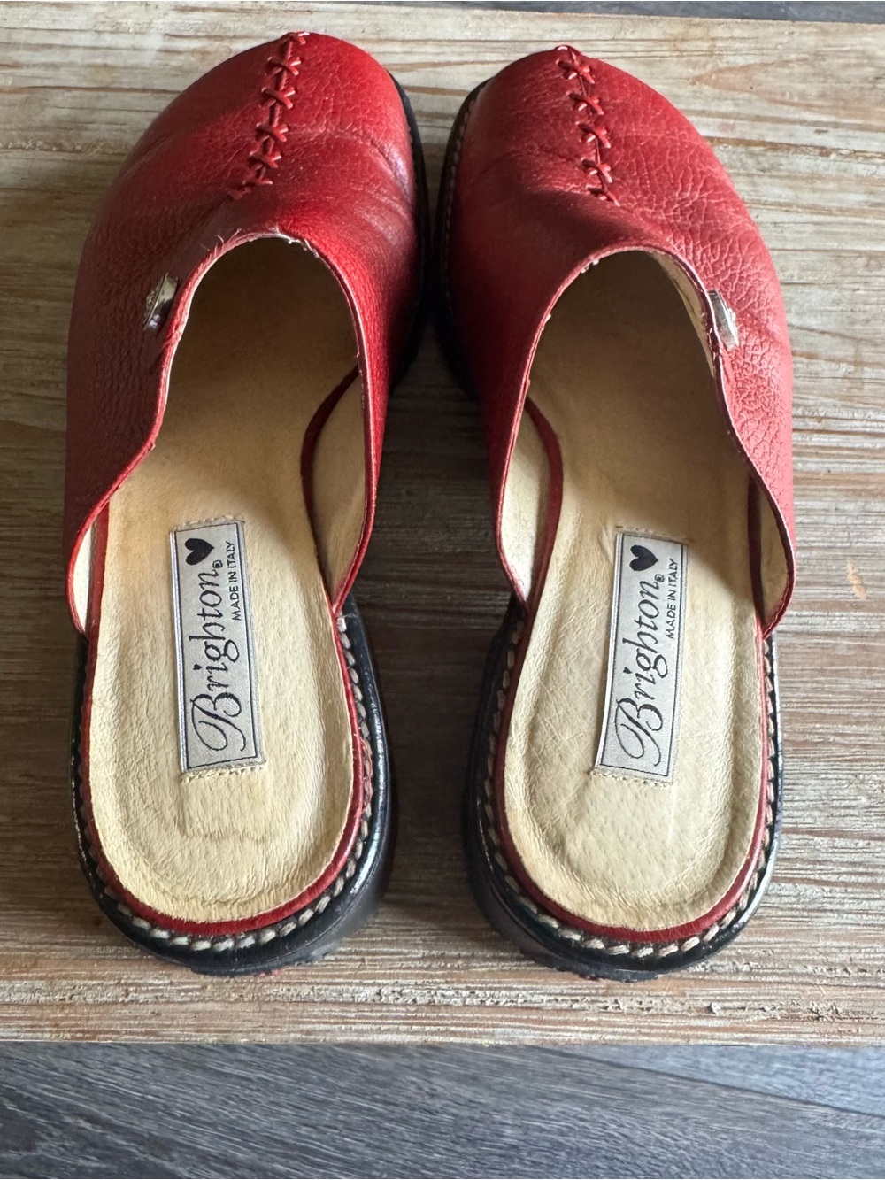 Brighton Red Leather Slip-On Mules with Stitch Detail